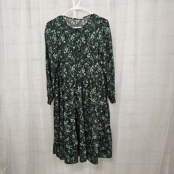 Zara Green Black Floral Peasant Dress Boho Midi S - Picture 7 of 9